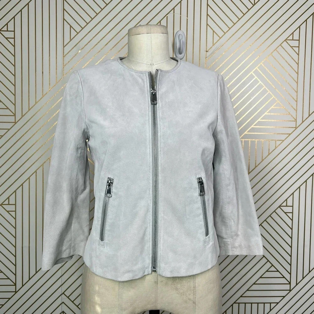 Soia + Kyo Collarless Zip Front Suede Jacket Gray Size US Small